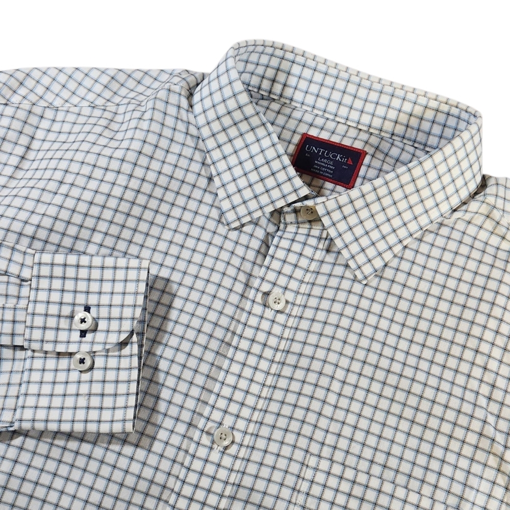 UNTUCKit Shirt Men's Large White Blue Plaid Long Sleeve WF Wrinkle Free Cotton